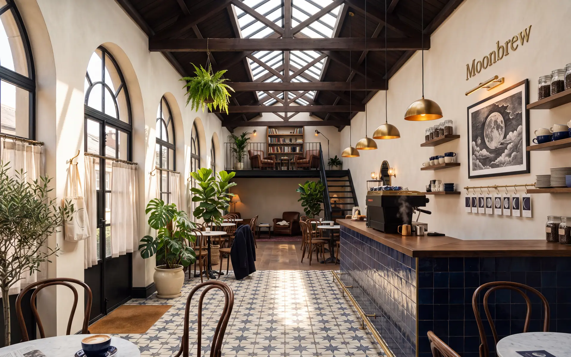A long café hall lit from a glazed skylight: arched windows down the left side, brass dome pendants over a deep blue tiled counter on the right, a framed full moon and the word Moonbrew on the wall behind it, and a mezzanine with a bookshelf at the far end.