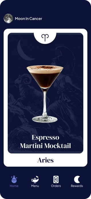 The home screen under a header of a full moon and the words Moon In Cancer: a card framed in white, navy inside, with the Aries glyph in a white notch at the top, an espresso martini over an engraving of a ram and a helmeted figure, the name Espresso Martini Mocktail, and the word Aries on the white base. A bottom bar reads Home, Menu, Orders and Rewards, with Home selected.