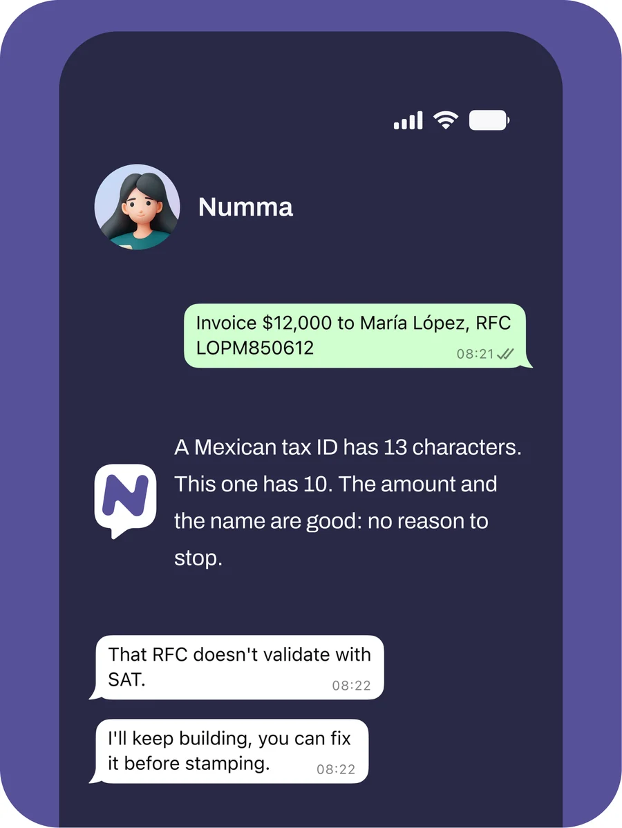 Chat with the agent. It reasons: a Mexican tax ID has 13 characters, this one has 10, the amount and the name are good, no reason to stop. It keeps building the invoice.