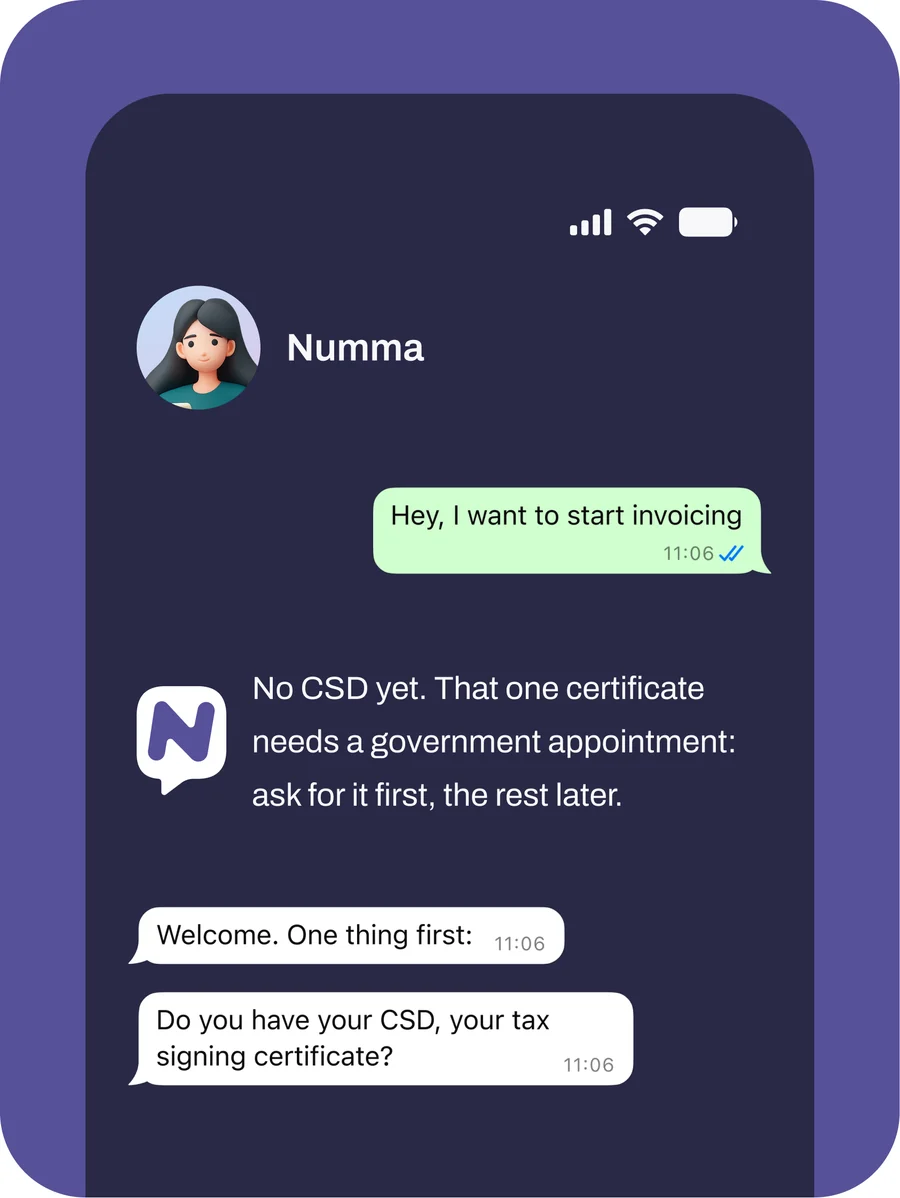 Chat with the agent. It reasons: no CSD yet, that certificate needs a government appointment, so it asks for that one first and the rest later.