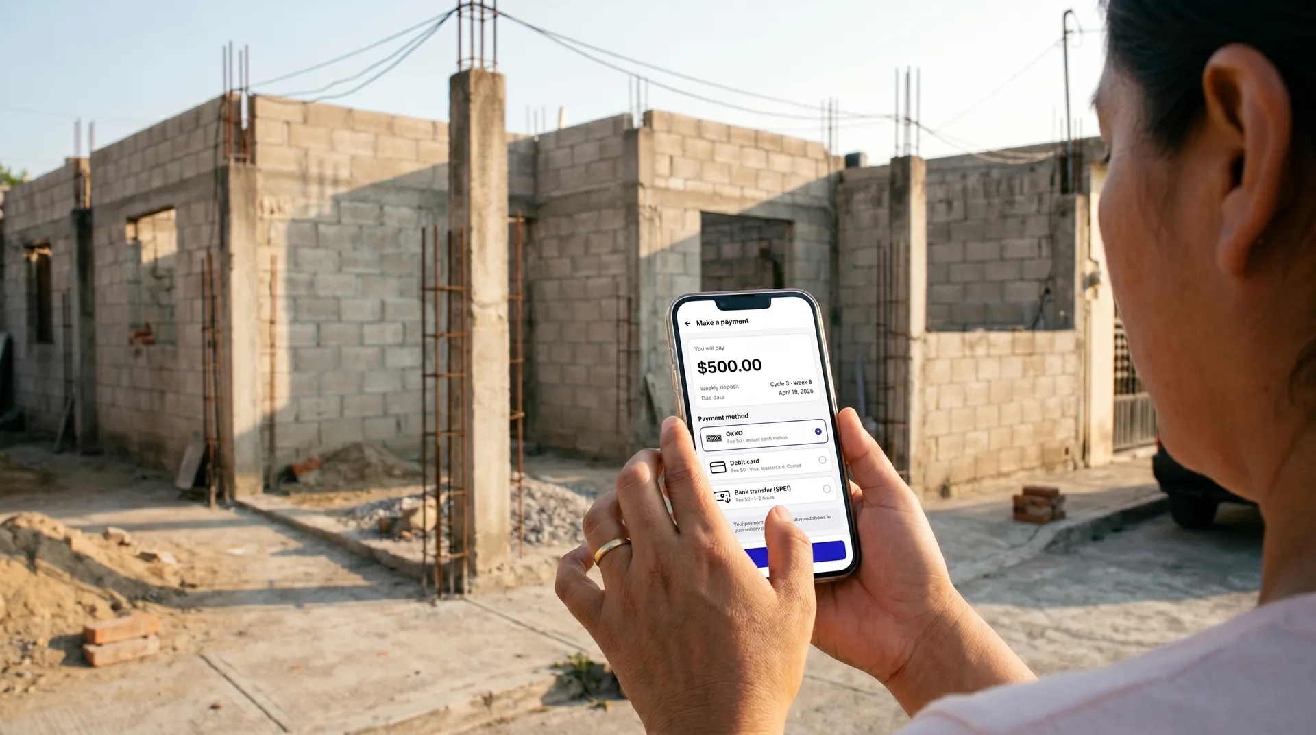 Seen over a person's shoulder, a phone shows a payment screen for 500 pesos with OXXO, debit card and bank transfer as options, held up in front of an unfinished cinder block house.