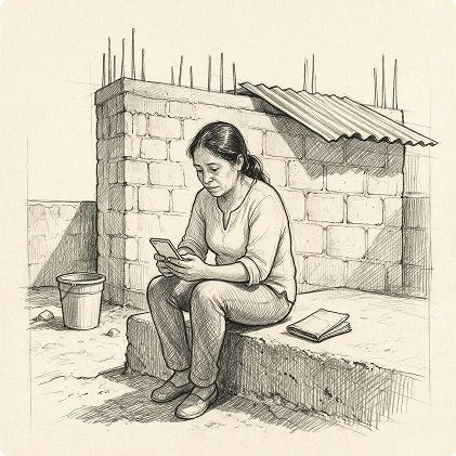 Illustration of a member sitting on a construction block, looking at her phone.