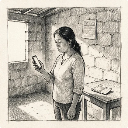 Illustration of a member standing in an unfinished room near a window, looking at her phone.