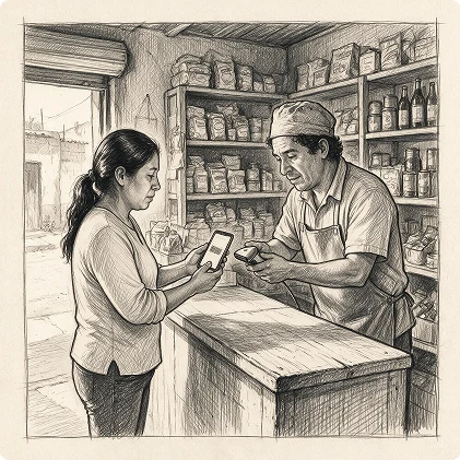 Illustration of a member paying at a corner store, phone in hand, while the shopkeeper holds a card reader.