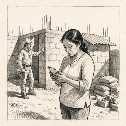 Illustration of a member at a construction site with a builder in the background, looking at her phone.