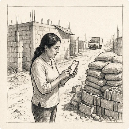 Illustration of a member standing on a street next to stacked building materials, looking at her phone.