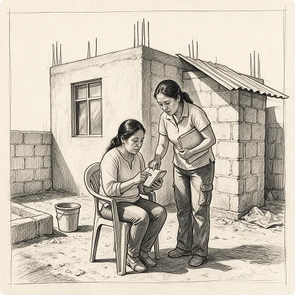 Illustration of a member with another person outside a house under construction, looking at a phone together.