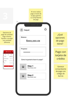 Wireframe of a payment screen with balance and progress, sticky notes asking what payment options it should have and about paying by card.