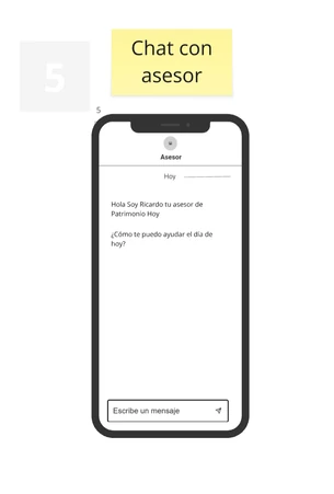 Wireframe of a chat screen with an advisor named Ricardo, labeled with a sticky note reading &ldquo;Chat con asesor&rdquo;.
