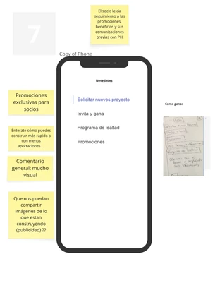 Wireframe of a screen with promotions and requests, sticky notes about member-only promotions and general feedback on the visual design.